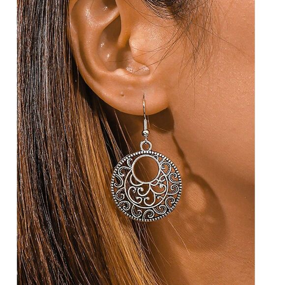 Silver Round Filigree Dangle Earrings Drop Hollow Pendant Lace Retro Boho Lghtwt - Picture 2 of 4
